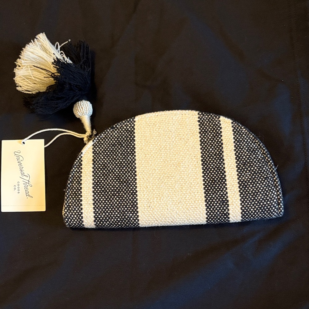 Universal Thread Black and Cream Striped Half-Moon Pouch with Tassel